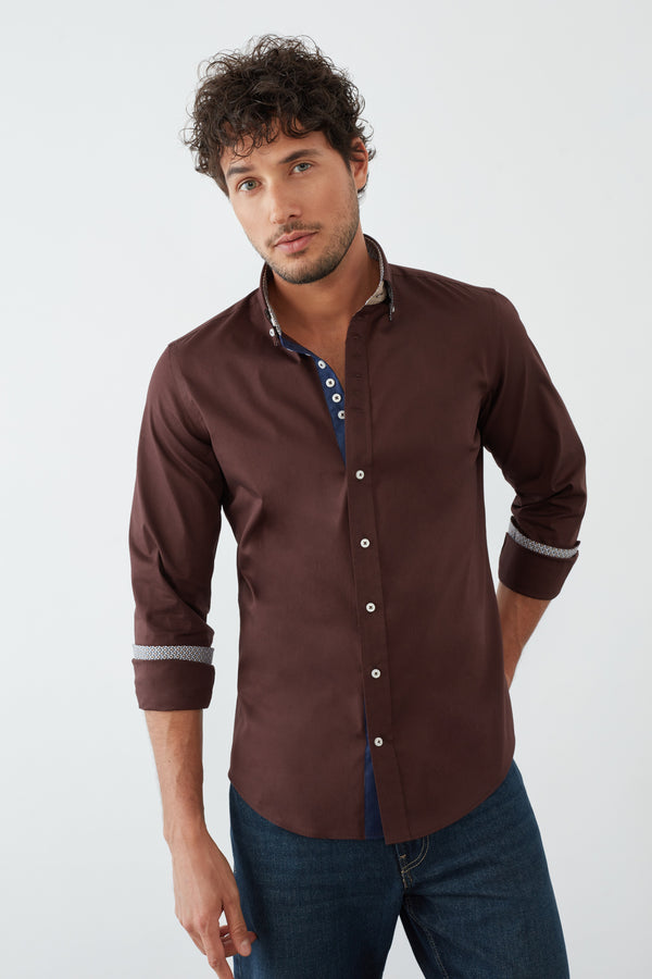 Camicia Uomo Donatello Iconic Popelin Stretch Marrone