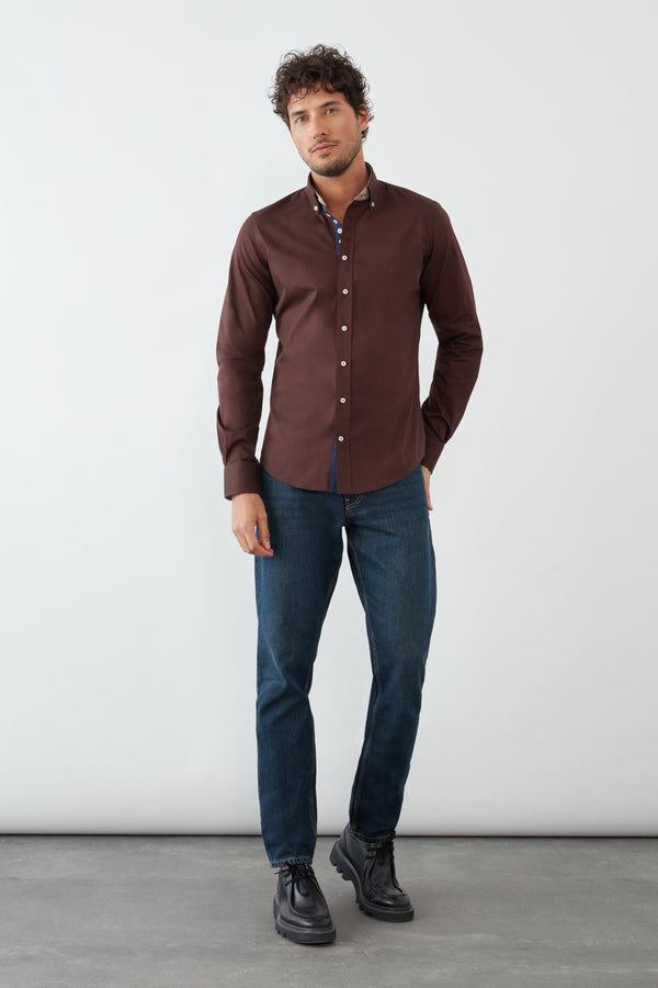 Camicia Uomo Donatello Iconic Popelin Stretch Marrone