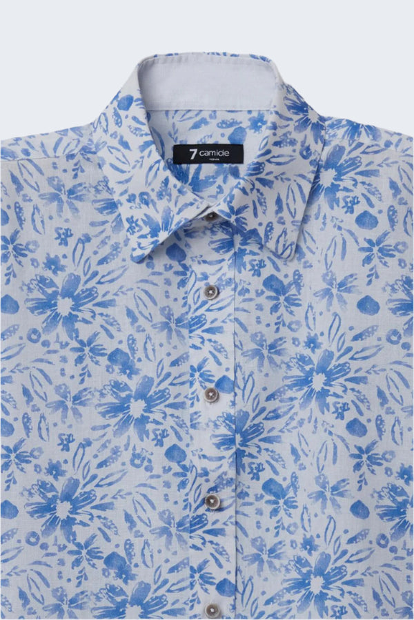 Camicia Uomo Manica Corta Giotto Iconic Lino Bianco Celeste