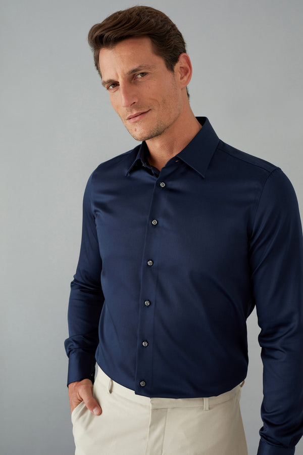 Mattia Essential Herren Hemd Satin Blau Buegelfreie