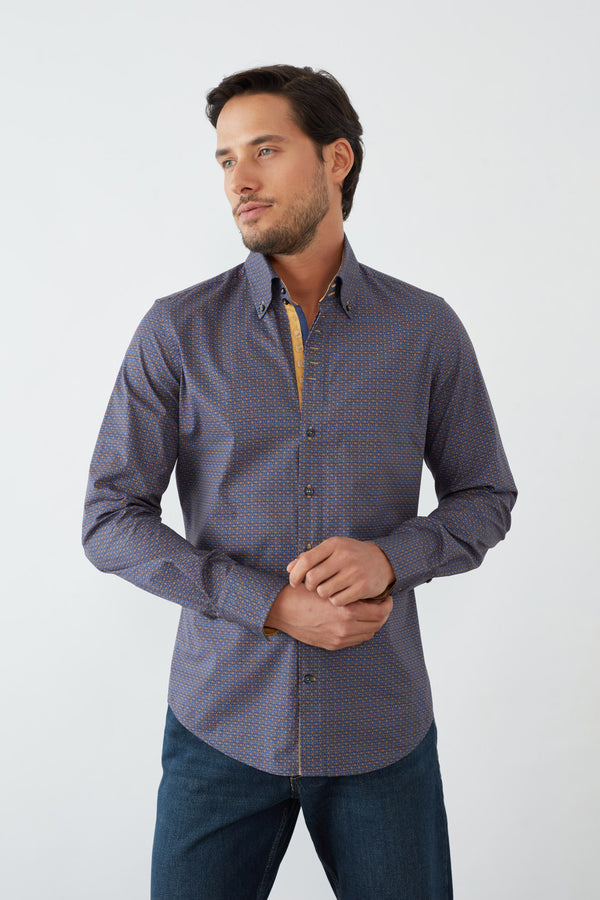 Roma Iconic Poplin Man Shirt Navy Blue Yellow