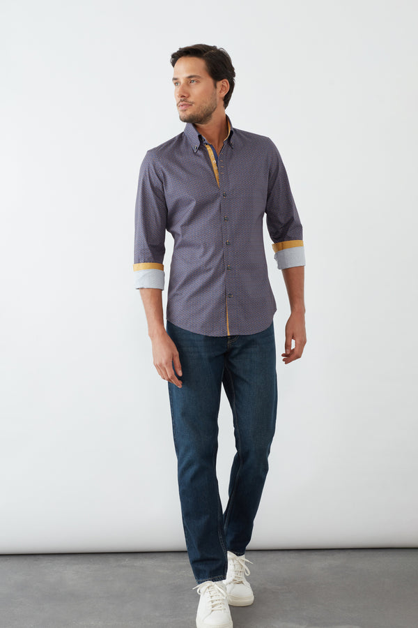 Roma Iconic Poplin Man Shirt Navy Blue Yellow