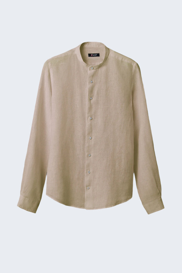 Banded Collar Linen Man Shirt Beige Plain_CU3SDG_N_BC_2LI0336UNE000