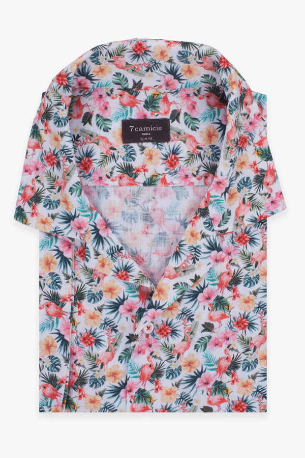 Camisa Hombre Manga corta Hawaii Sport Lino Blanco Rosa