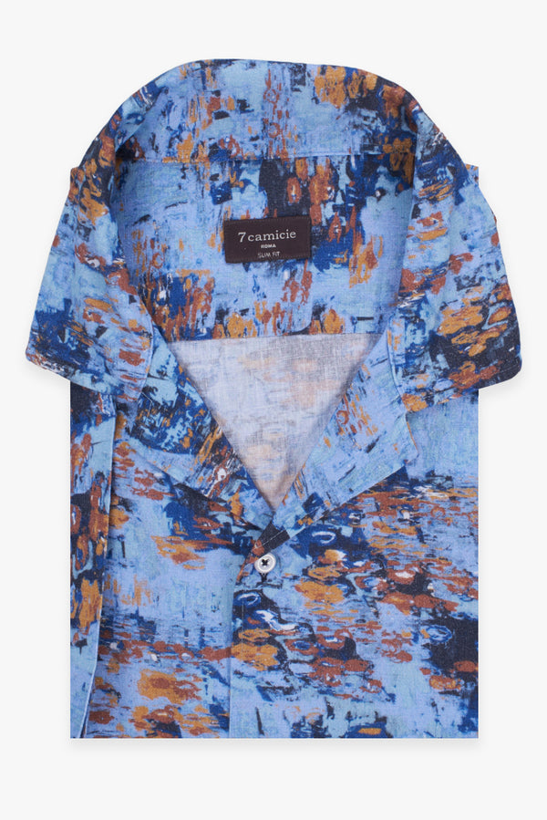 Camicia Uomo Manica Corta Hawaii Sport Lino Blu Celeste
