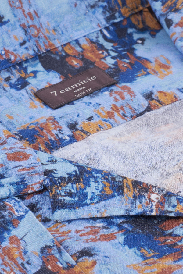 Camicia Uomo Manica Corta Hawaii Sport Lino Blu Celeste
