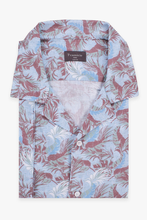 Camicia Uomo Manica Corta Hawaii Sport Lino Celeste Marrone