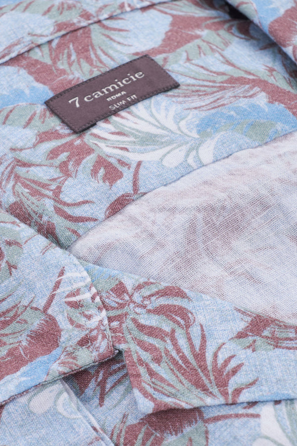 Camicia Uomo Manica Corta Hawaii Sport Lino Celeste Marrone