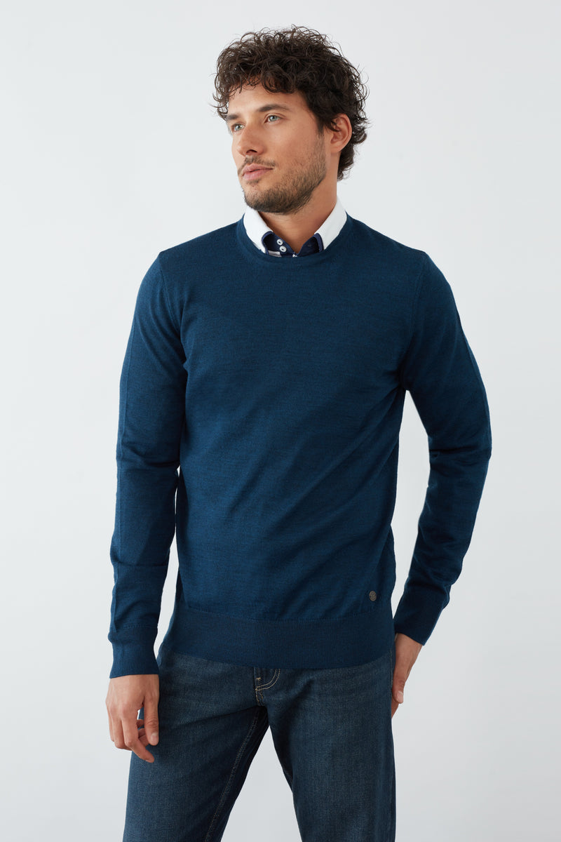 Crew Neck Camicia Con Pullover Merino's Blend Man Sweater Blue