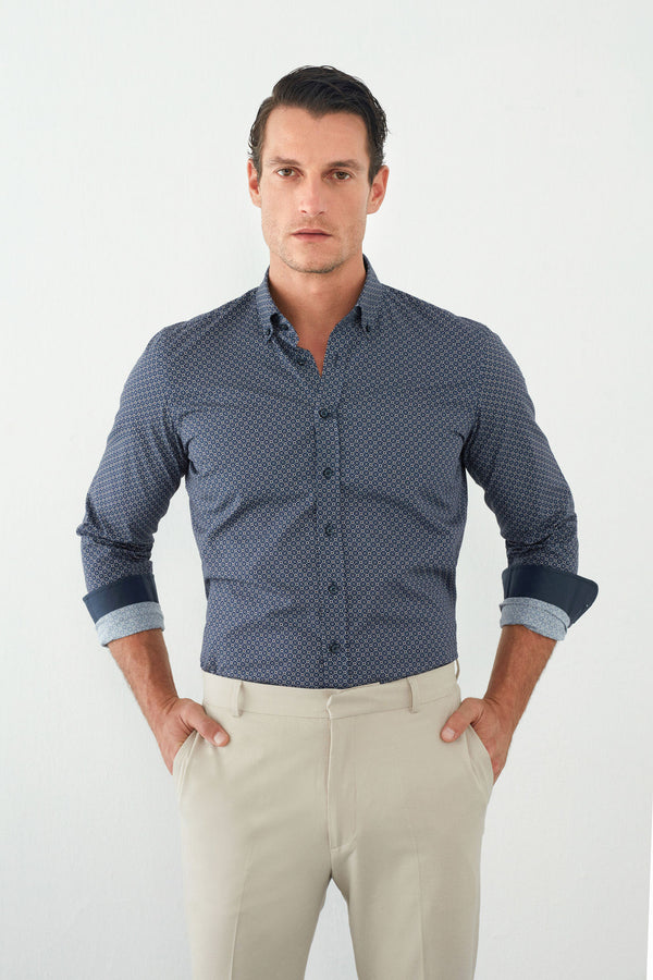 Leonardo Sport Herren Hemd Popelin Blau Braun