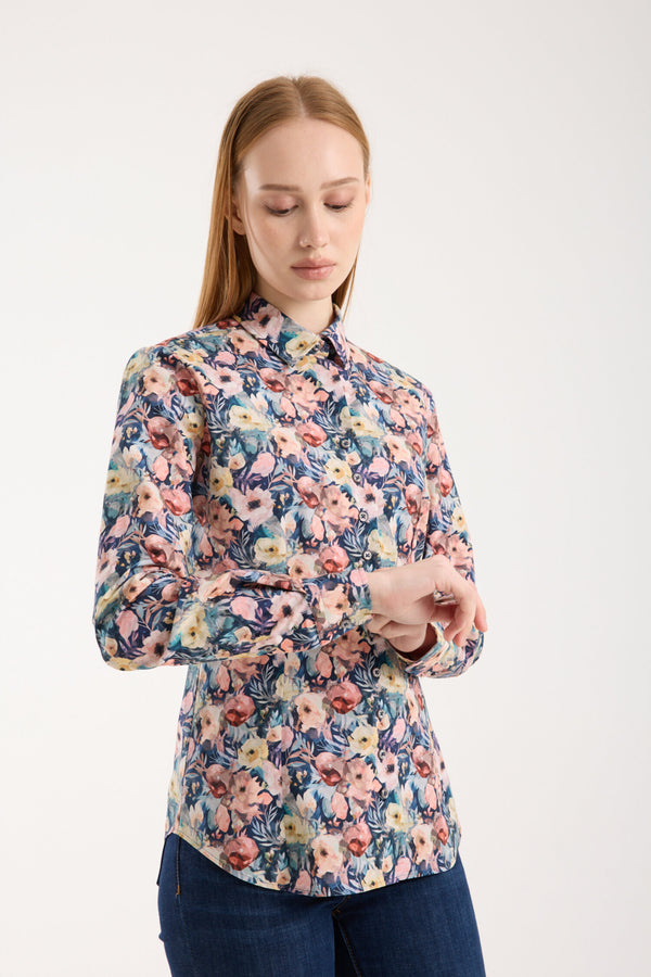 Beatrice Sport Damen Hemd Poplin Stretch Blau Rosa