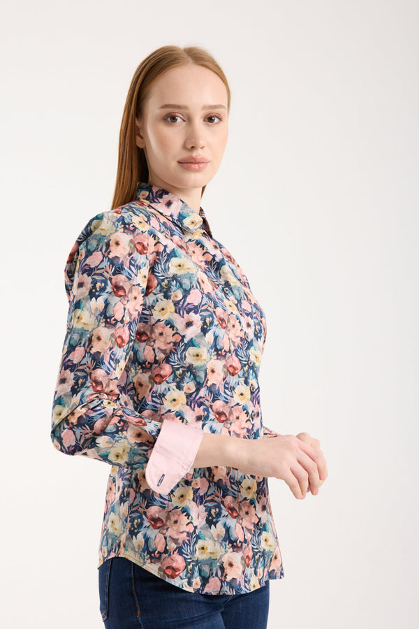 Beatrice Sport Damen Hemd Poplin Stretch Blau Rosa