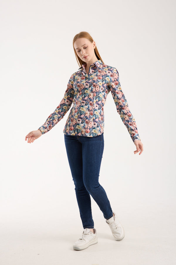 Beatrice Sport Damen Hemd Poplin Stretch Blau Rosa