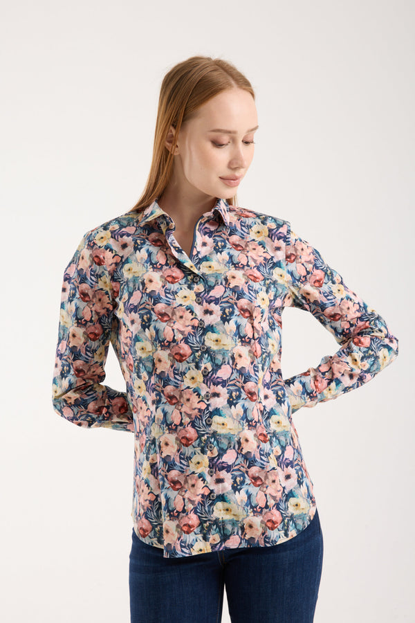 Beatrice Sport Damen Hemd Poplin Stretch Blau Rosa