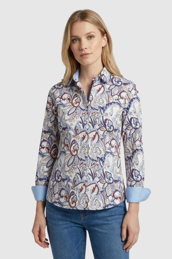 Chemise Femme Sport Popelin Stretch Blanc Bleu