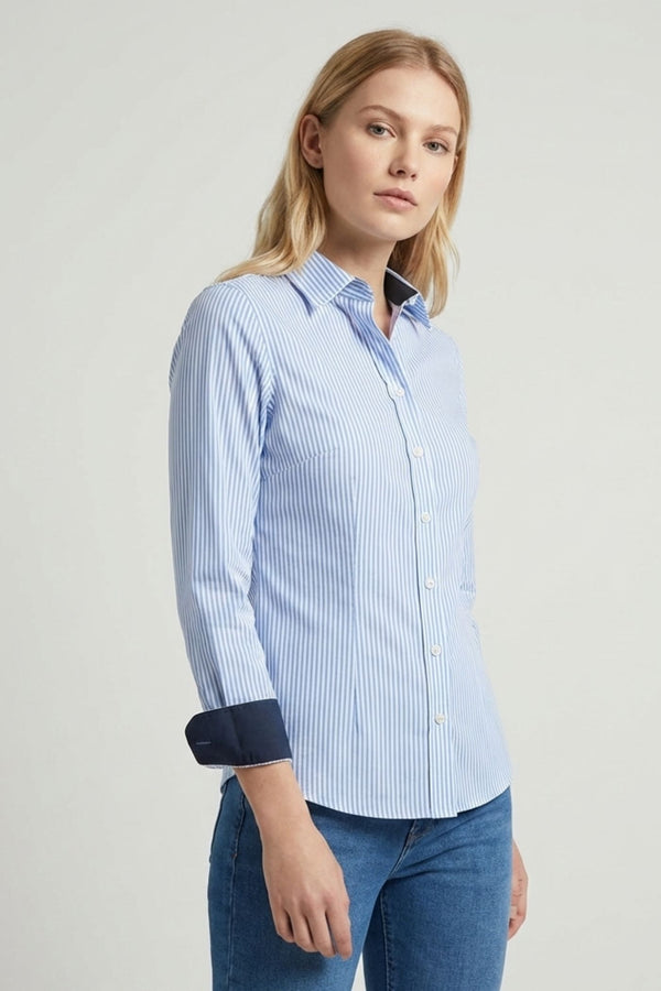 Chemise Femme Sport Popelin Stretch Blanc Bleu