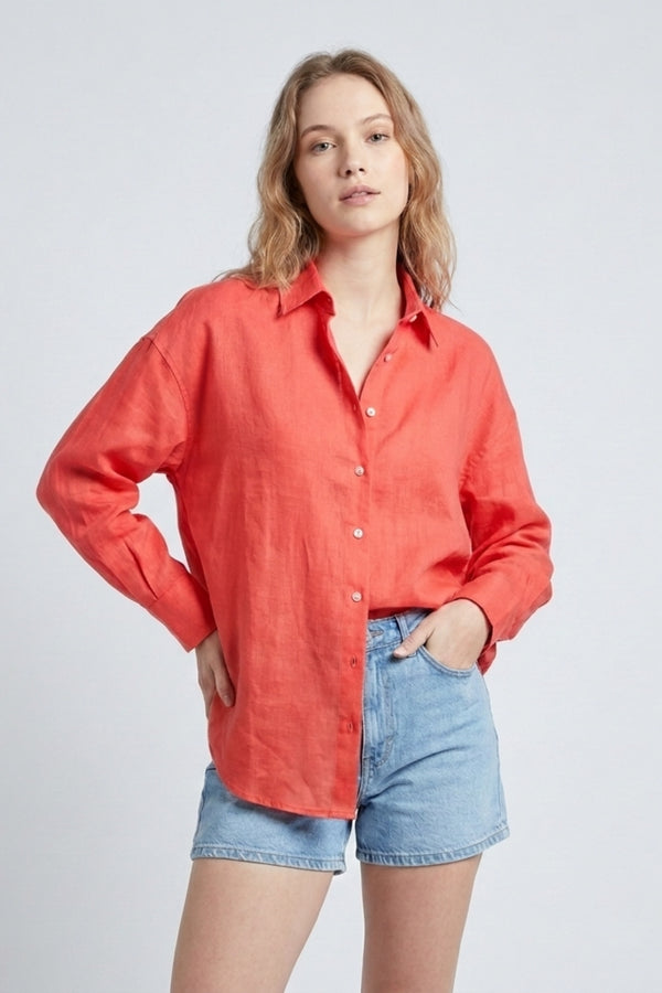 Damen Overshirt Leinen Korallenrot