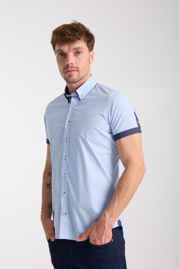 Camicia Uomo Manica Corta Iconic Popelin Stretch Celeste