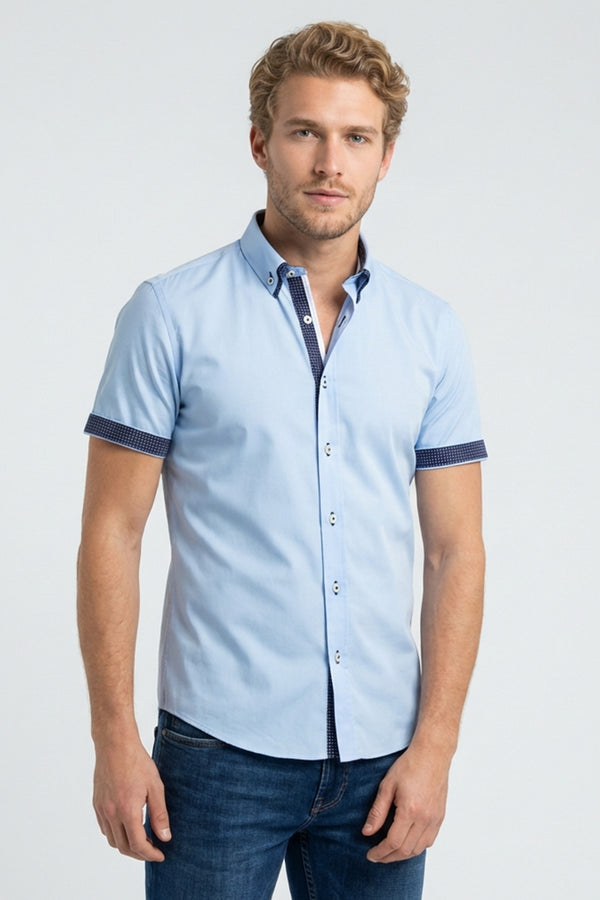 Camicia Uomo Manica Corta Iconic Popelin Stretch Celeste