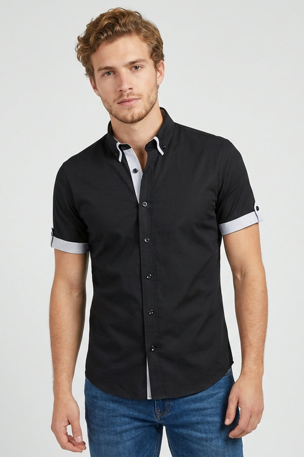 Iconic Herren Hemd Kurzarm Poplin Stretch Schwarz