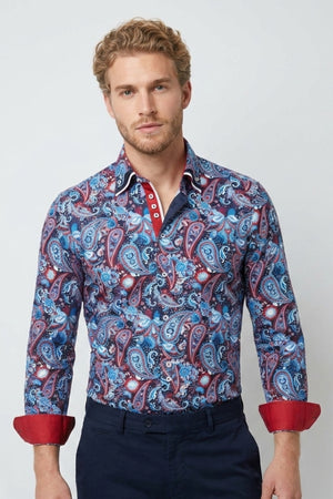 Vesuvio Iconic Herren Hemd Poplin Stretch Navy blau Rot