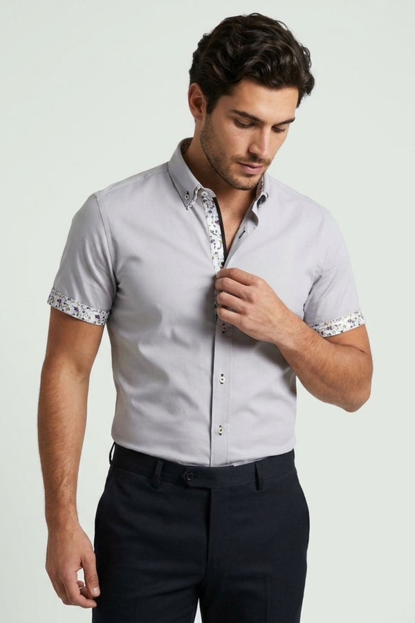 Camisa Hombre Manga corta Iconic Popelin Stretch Gris