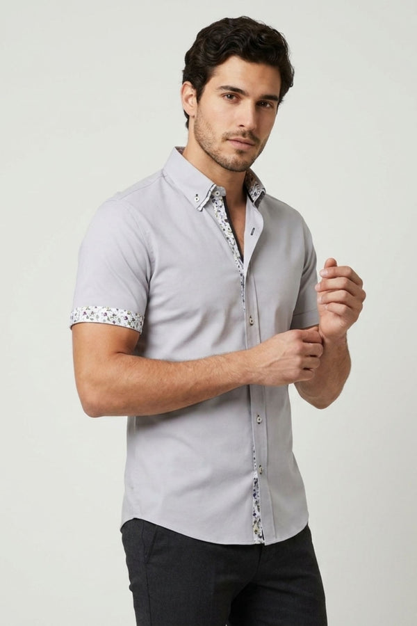 Camisa Hombre Manga corta Iconic Popelin Stretch Gris