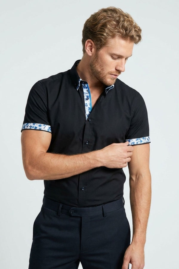 Camisa Hombre Manga corta Iconic Popelin Stretch Negro