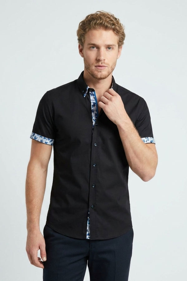 Camisa Hombre Manga corta Iconic Popelin Stretch Negro