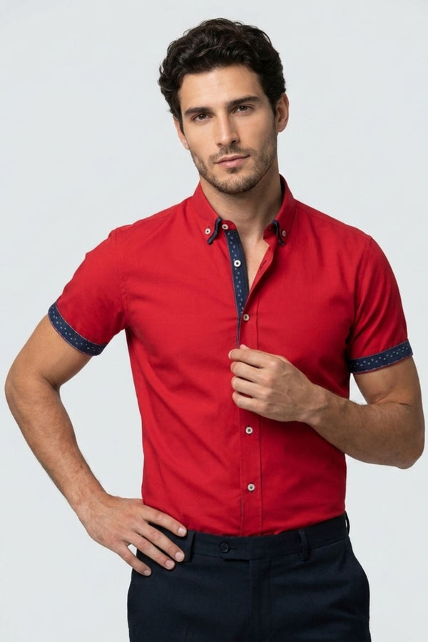 Camisa Hombre Manga corta Iconic Popelin Stretch Rojo