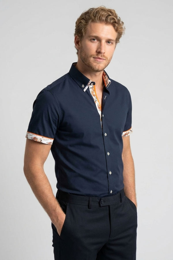Camisa Hombre Manga corta Iconic Popelin Stretch Azul