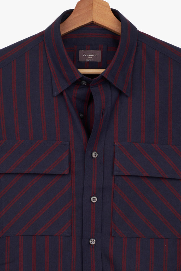 Camisa Hombre Sport de Sarga Azul y Roja con Bolsillos