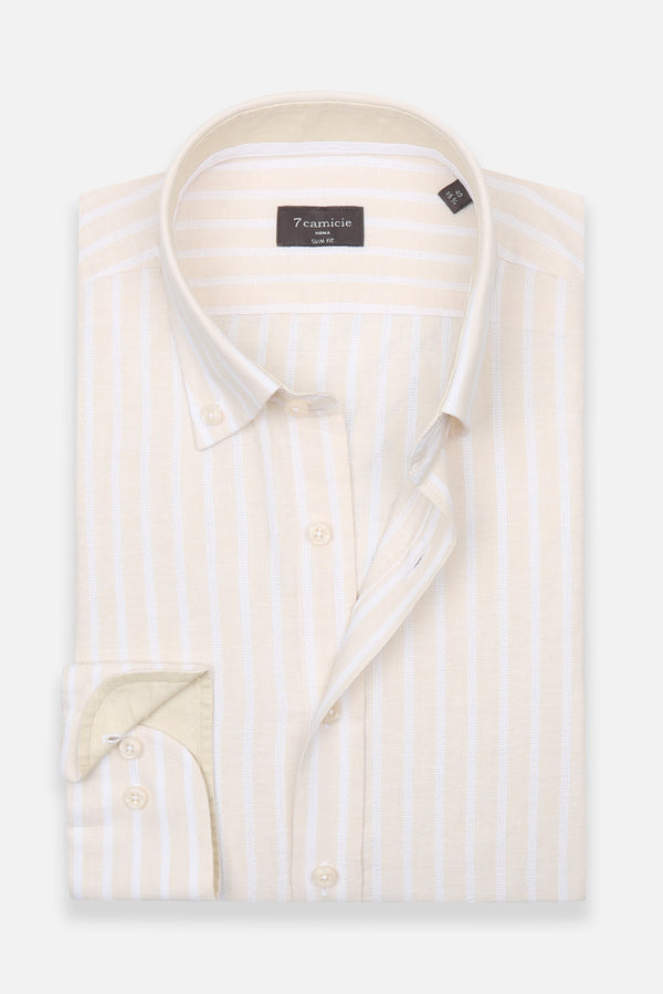 Camisa Hombre Leonardo Sport Lino Beige Blanco