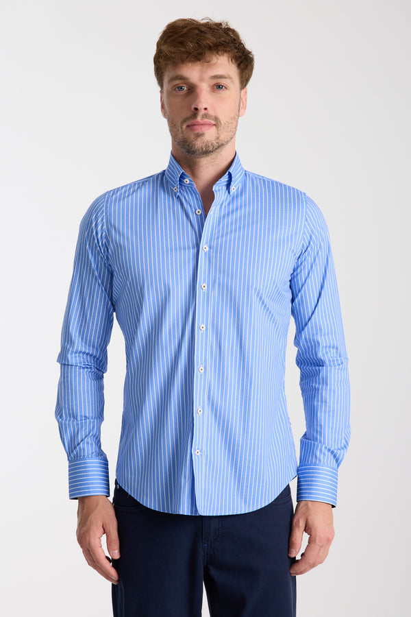 Camisa Hombre Leonardo Sport Popelin Stretch Azul Rosa