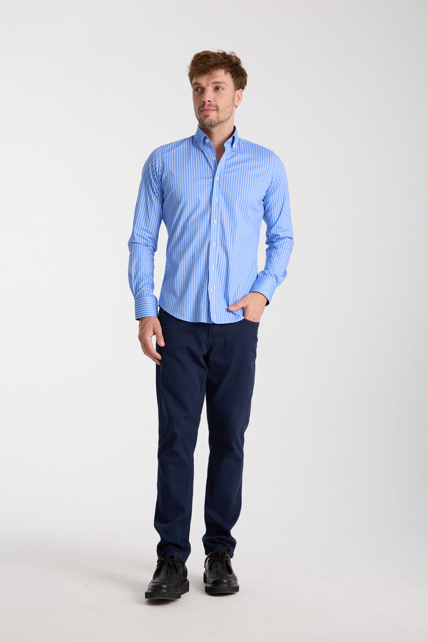 Camisa Hombre Leonardo Sport Popelin Stretch Azul Rosa