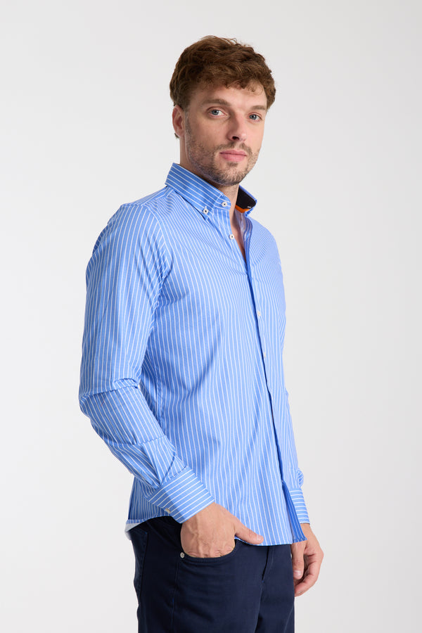 Camisa Hombre Leonardo Sport Popelin Stretch Azul Rosa