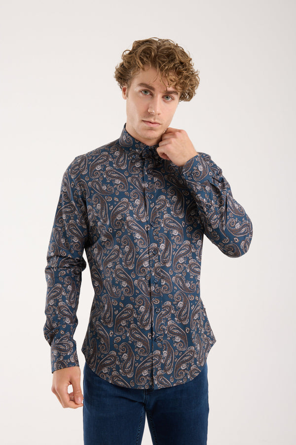 Leonardo Sport Poplin Stretch Man Shirt Blue Beige