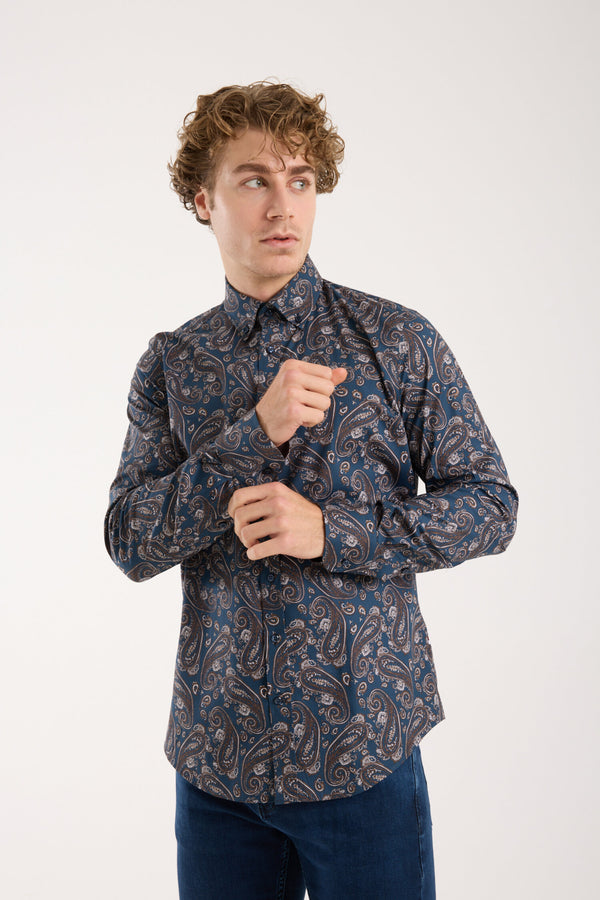 Leonardo Sport Poplin Stretch Man Shirt Blue Beige