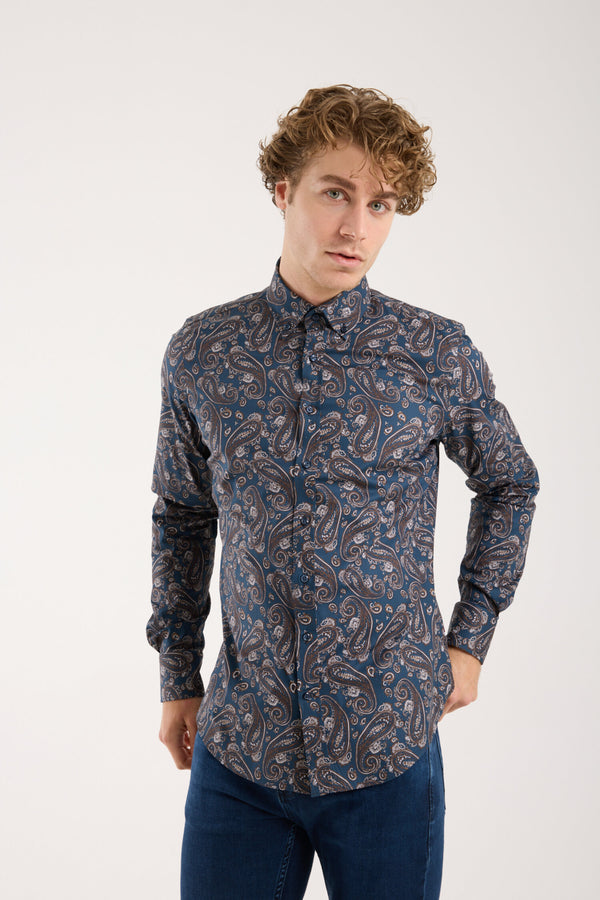 Leonardo Sport Poplin Stretch Man Shirt Blue Beige