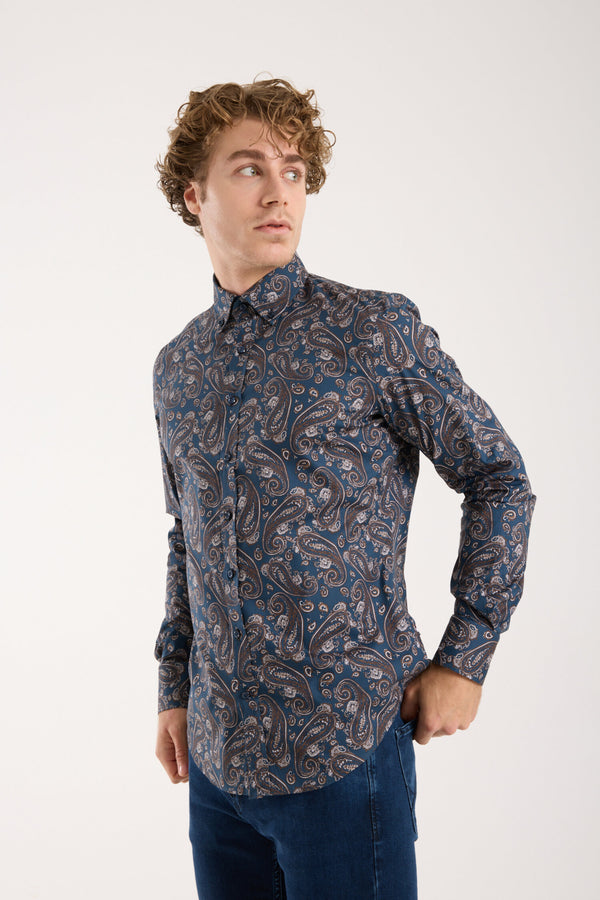 Leonardo Sport Poplin Stretch Man Shirt Blue Beige