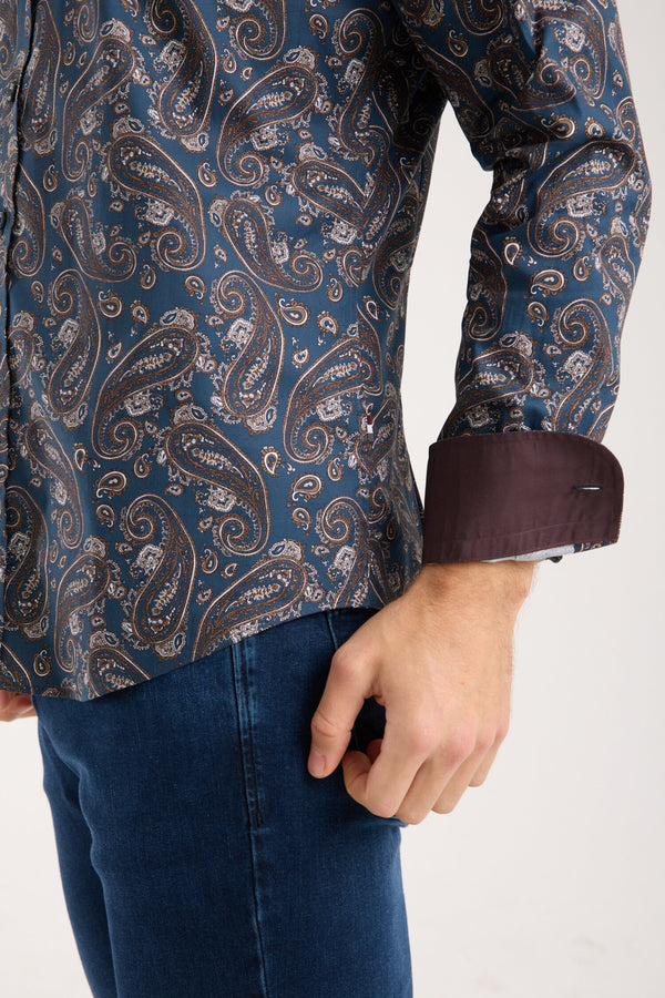 Leonardo Sport Poplin Stretch Man Shirt Blue Beige