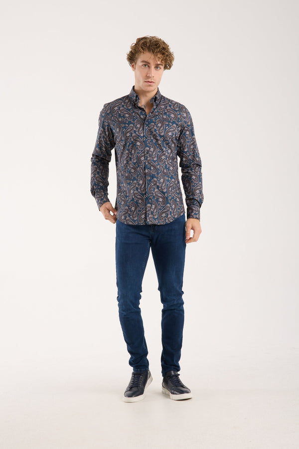 Leonardo Sport Poplin Stretch Man Shirt Blue Beige