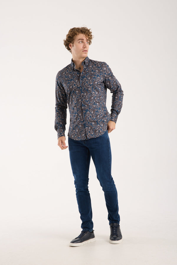 Leonardo Sport Poplin Stretch Man Shirt Blue Beige