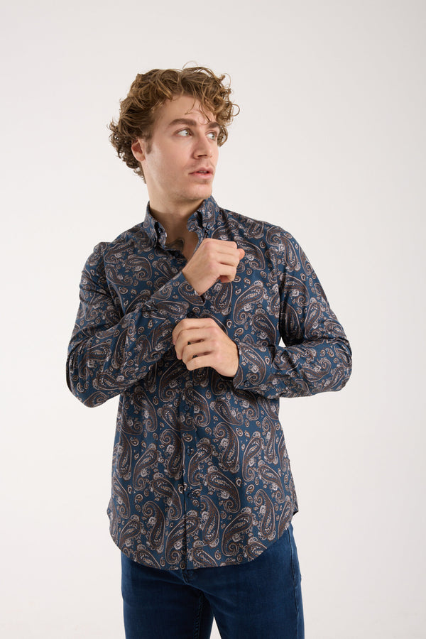 Leonardo Sport Poplin Stretch Man Shirt Blue Beige