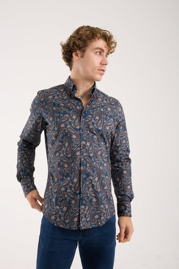 Leonardo Sport Poplin Stretch Man Shirt Blue Beige