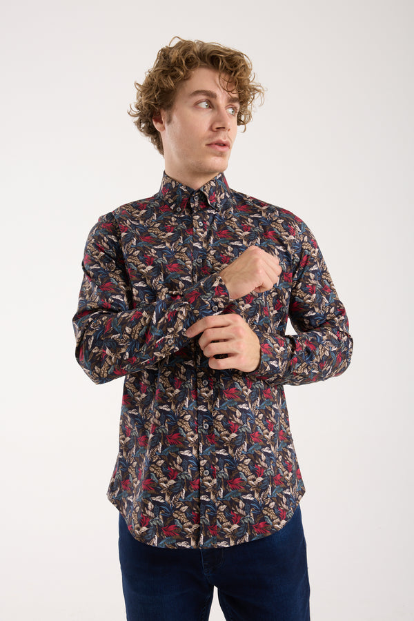 Leonardo Sport Herren Hemd Poplin Stretch Blau Rot