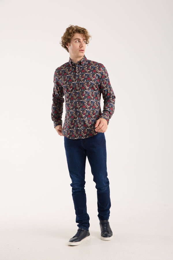 Leonardo Sport Herren Hemd Poplin Stretch Blau Rot