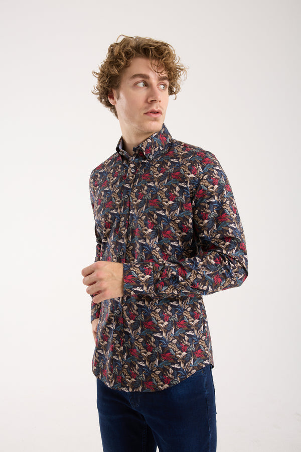 Leonardo Sport Herren Hemd Poplin Stretch Blau Rot