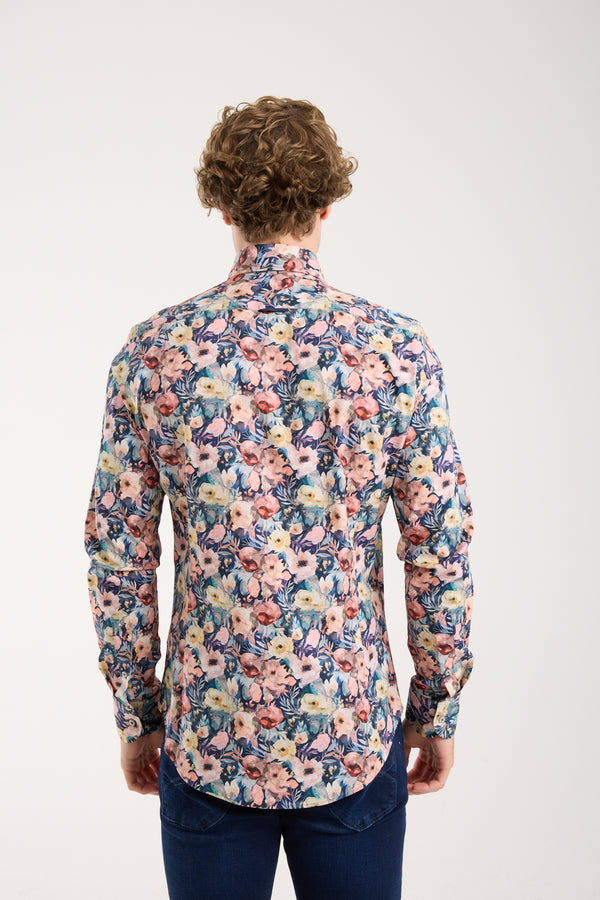 Leonardo Sport Herren Hemd Poplin Stretch Blau Rosa