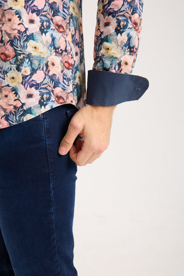 Leonardo Sport Herren Hemd Poplin Stretch Blau Rosa